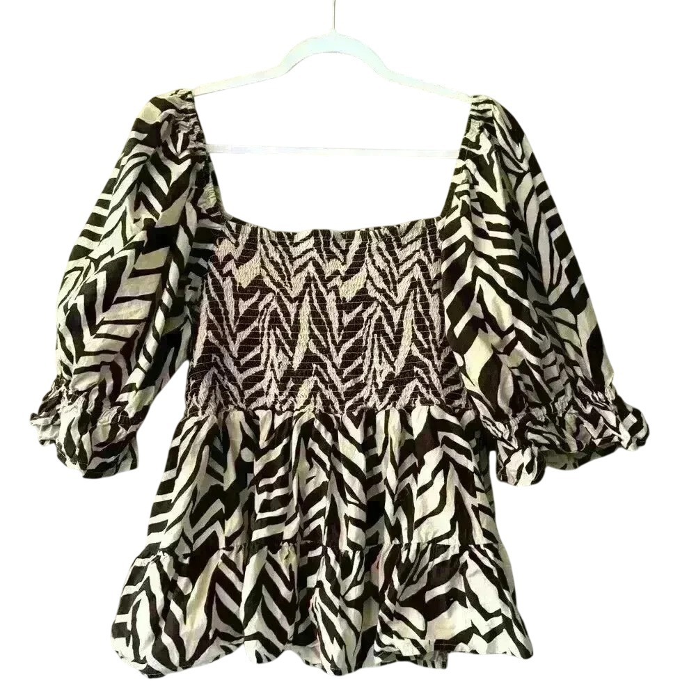 Womens 2X Top Zebra Print Smocked Peplum Blouse Square Neck Puff Sleeve Bohemian